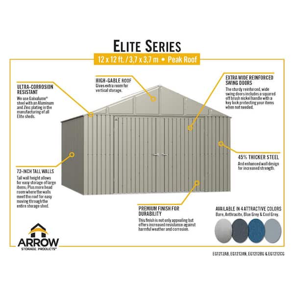 Arrow Elite Storage Shed 12 ft. W x 12 ft. D x 8 ft. H Metal Shed 144 sq. ft.
