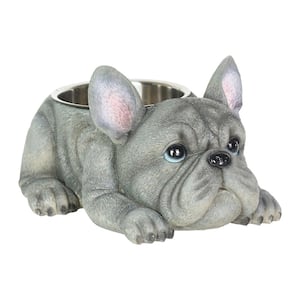 French Bulldog, 12 in. x 6 in. Resin Statue with Stainless Insert Bowl Dog in Grey
