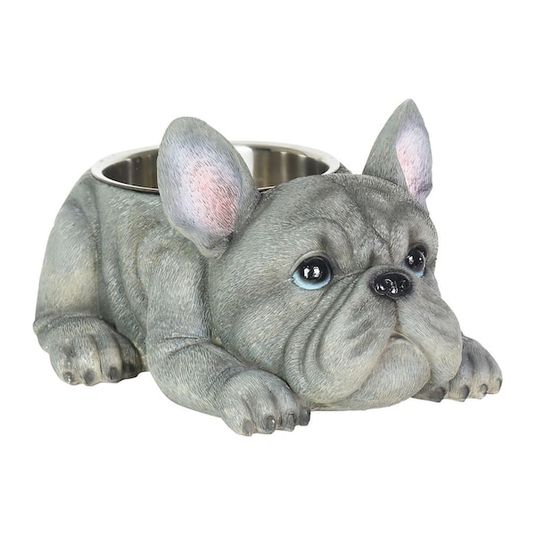 Exhart French Bulldog, 12 in. x 6 in. Resin Statue with Stainless Insert Bowl Dog in Grey