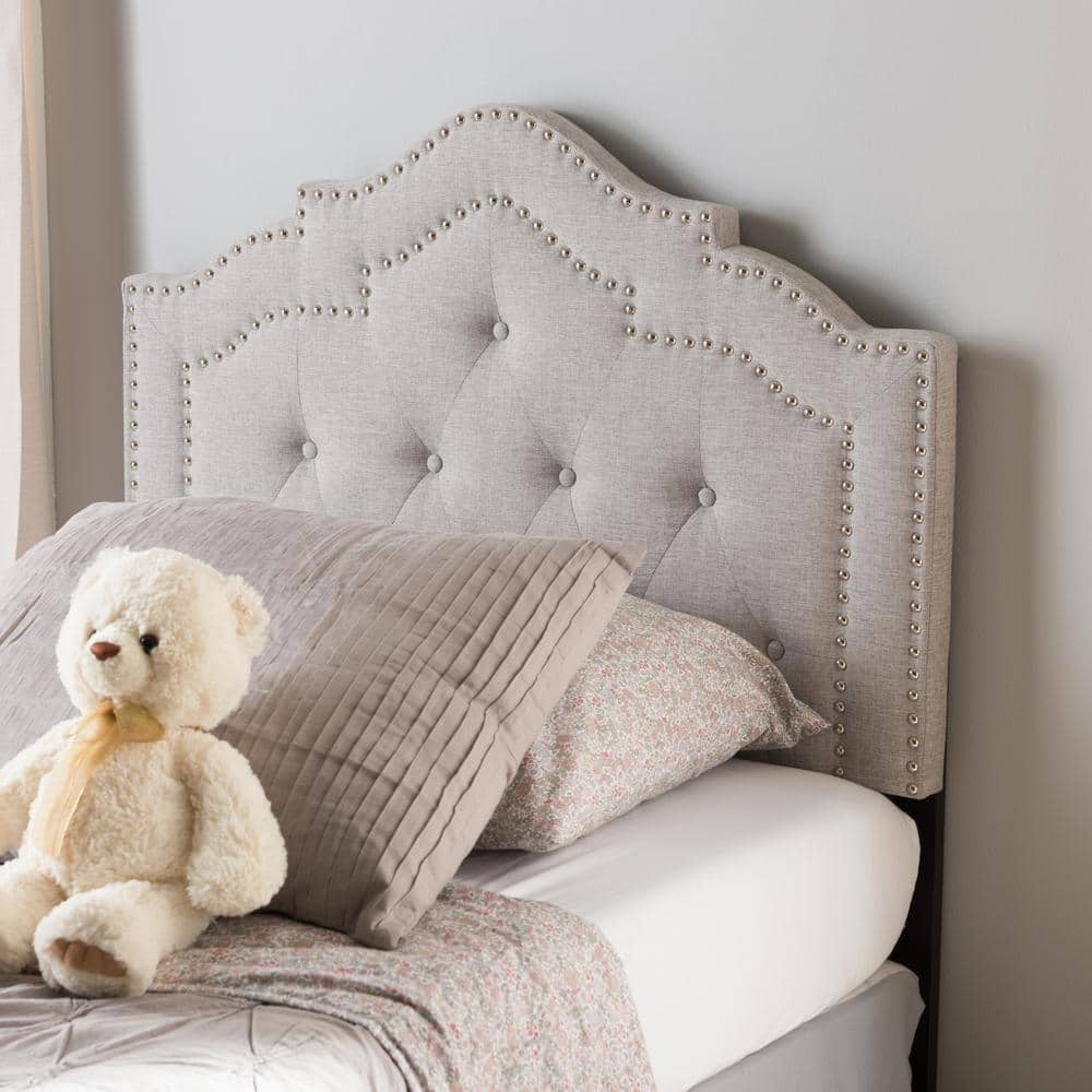 Greyish Beige Tufted Upholstered Twin Headboard with Nailhead Trim