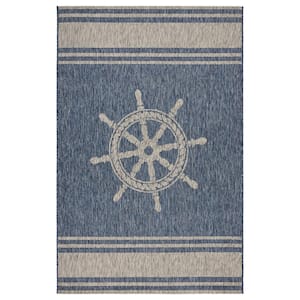 Camila Nautical Helm Navy Blue/Gray 5 ft. x 7 ft. Rectangle Indoor/Outdoor Area Rug