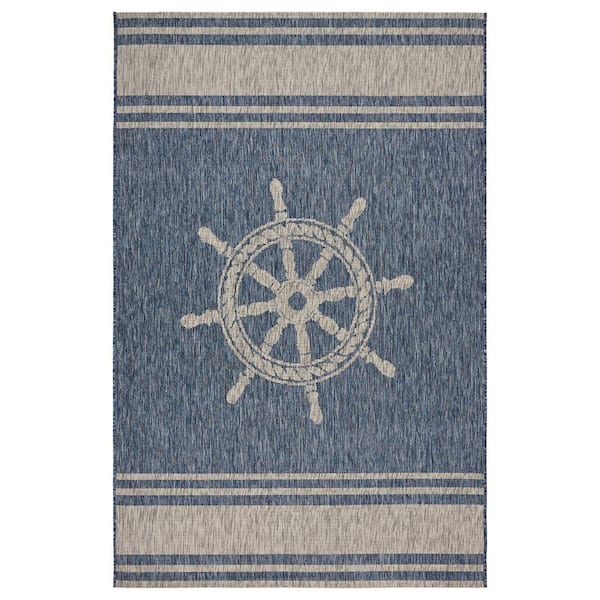 LR Home Camila Nautical Helm Navy Blue/Gray 5 ft. x 7 ft. Rectangle Indoor/Outdoor Area Rug