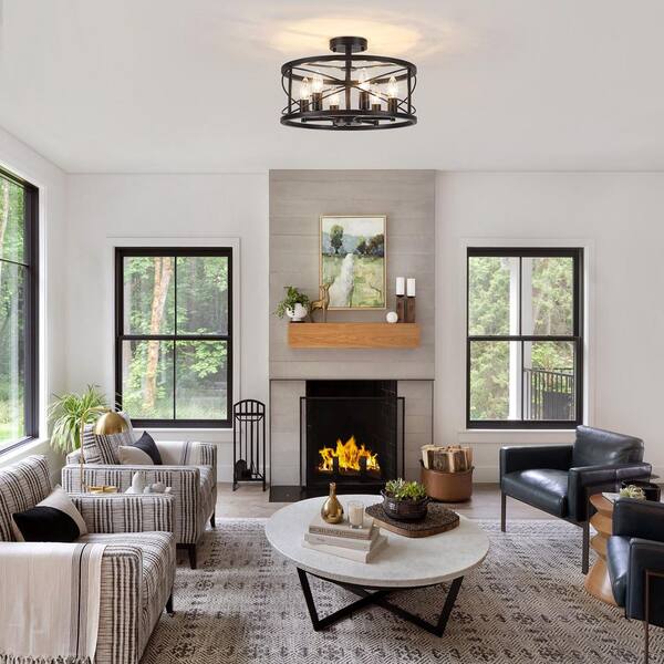 ZSMIHDOH 16.53 in. 6-Light Black Drum Semi Flush Mount Ceiling