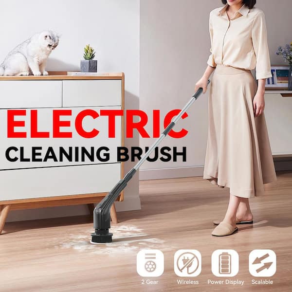 Cordless Portable Carpet Cleaners, Power Scrubber, 2-Speeds, 7-Brush Heads, Long Handle for Bathroom, Tub, Black