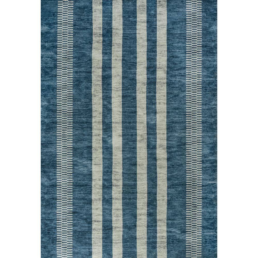 Blue and Cream Striped Machine-Washable Synthetic Area Rug
