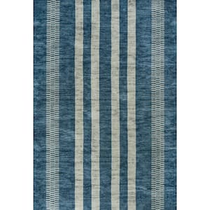 Blue/Cream 3 ft. x 5 ft. Vichy Geometric Striped Machine-Washable Area Rug