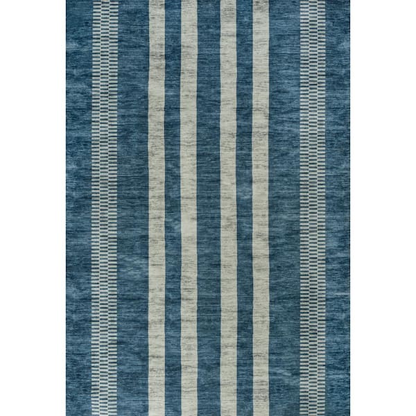 Vichy Geometric Striped Machine-Washable Blue/Cream 5 ft. x 8 ft. Area Rug
