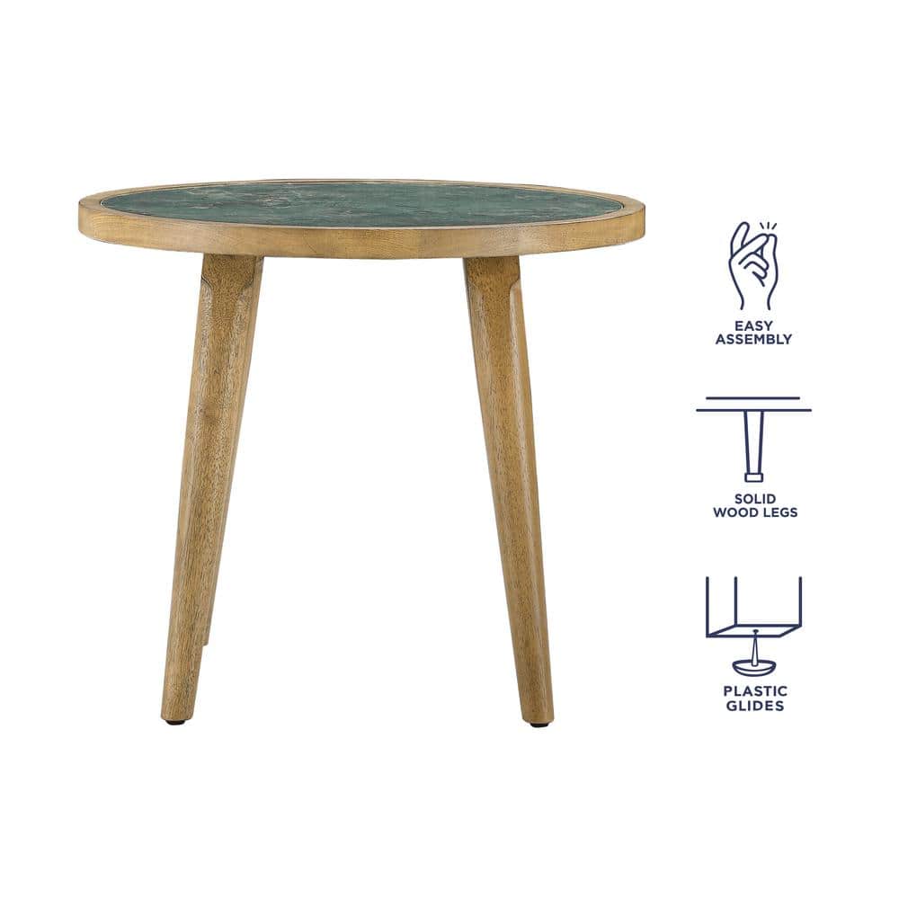 22" Round Green Sintered Stone and Wood End Table