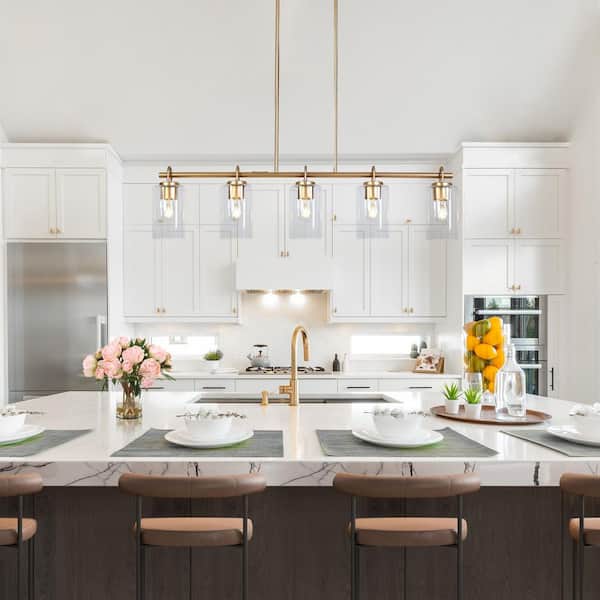 41.3 in. 5-Light Gold Modern Kitchen Island Chandelier, Large Industrial Rectangle Dining Room Pendant Light