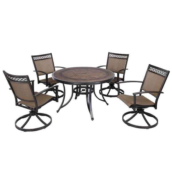 Mondawe Franc 5-Piece Cast Aluminum Outdoor Dining Set with Round Umbrella Table, Swivel Sling Chairs