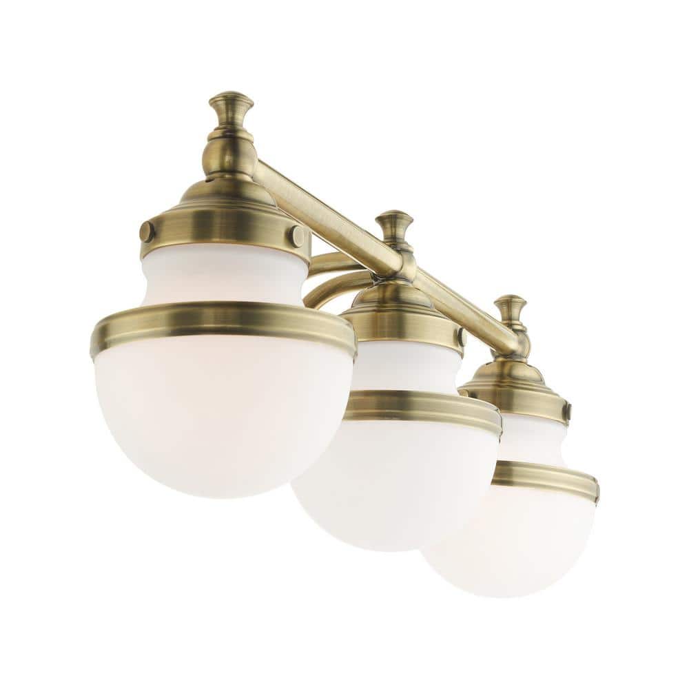 Antique Brass 3-Light Vanity with Hand Blown Satin Opal White Glass