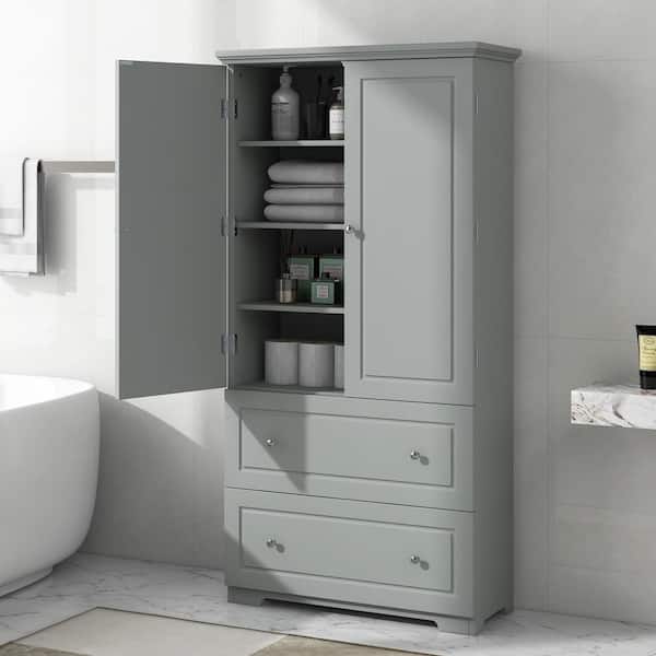 Unbranded 33 in. W x 13 in. D x 62 in. H Gray MDF Freestanding Linen Cabinet with Doors and Drawers, Adjustable Shelf