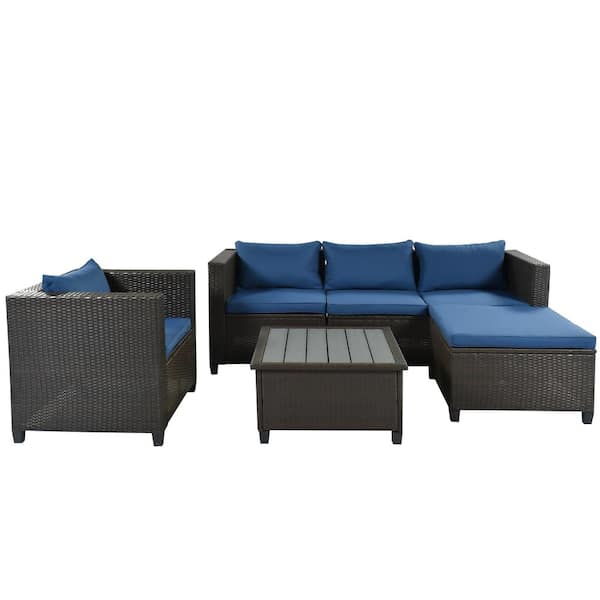 Unbranded 5-Piece Wicker Outdoor Dining Set with Ottoman and Blue Cushions