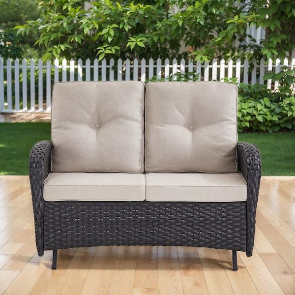 SleekArm Black PE Wicker Outdoor Glider Loveseat with Beige Cushions and Glide Function