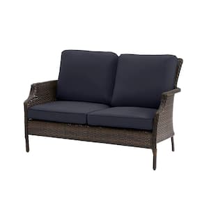 Grayson Brown Wicker Outdoor Patio Loveseat with CushionGuard Midnight Navy Blue Cushions