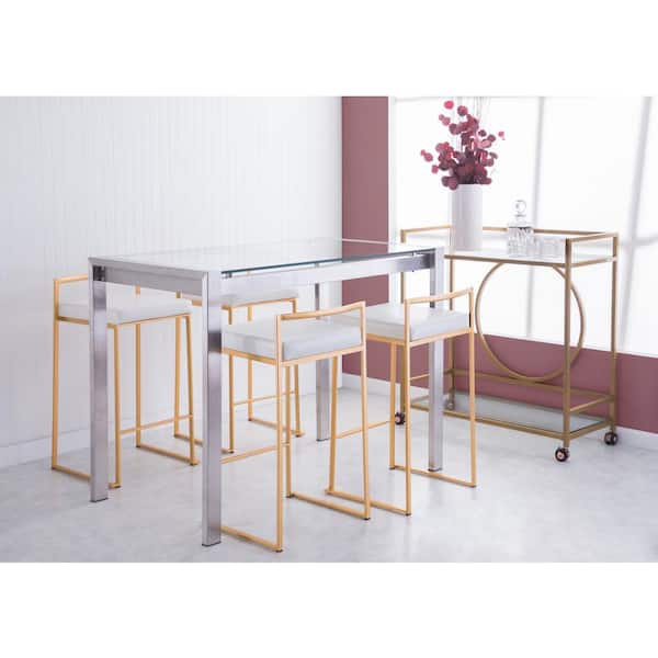 Fuji 27.75 in. White Faux Leather and Gold Metal Stackable Counter Stool (Set of 3)