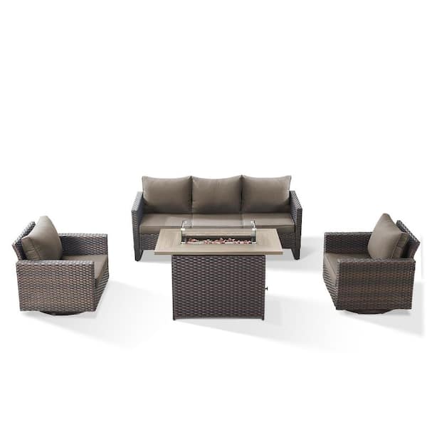 UvaNest Brown 4-Piece Wicker Patio Fire Pit Conversation Set with Gray Cushions, Outdoor Sofa Set with Swivel Glider