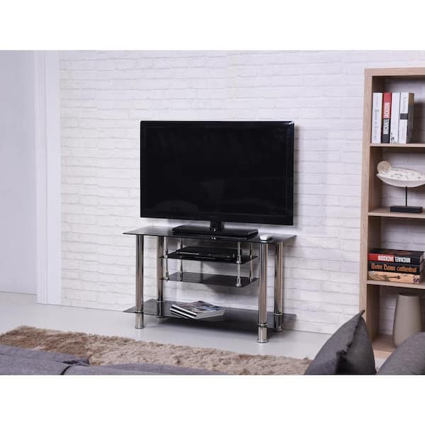 HODEDAH 39 in. Black Glass TV Stand Fits TVs Up to 55 in. with Built-In Storage