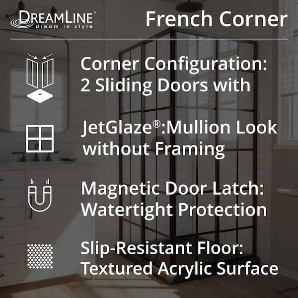 French Corner 36 in. W x 36 in. D x 74.75 in. H Framed Shower Enclosure and Shower Base Kit in Matte Black