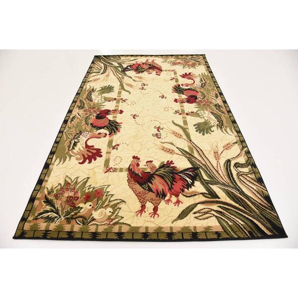 7' x 10' Country Farm Rugs Rooster Red Black Olive Farmhouse Classic Area Rug 
