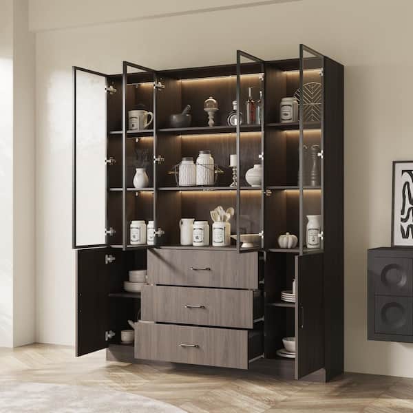 Brown Wood 63 in. W Display Cabinet With Pop up Tempered Glass Doors, 3-Color LED Lights, Drawers, Adjustable Shelves