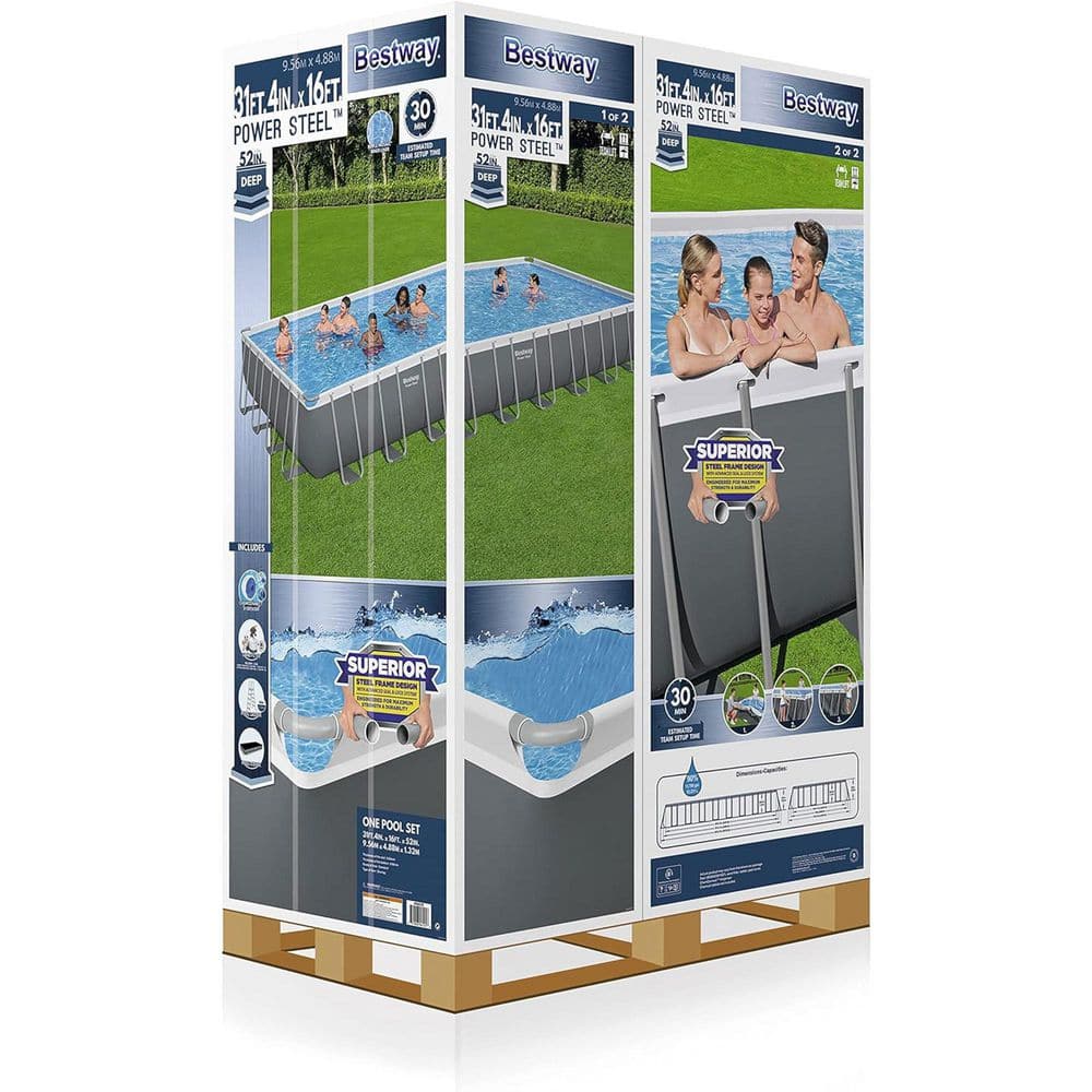 31 ft Gray Rectangular Metal Frame Above Ground Pool Set with Pump and Ladder