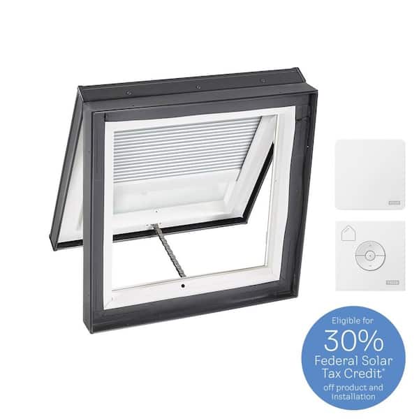 VELUX 30-1/2 in. x 30-1/2 in. Venting Curb Mount Skylight w/ Tempered Low-E3 Glass & White Solar Powered Room Darkening Blind