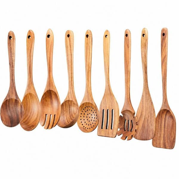 9-Piece Wood Kitchen Utensils Set, Natural Teak Wooden Spoons for Non-stick Pan for Cooking