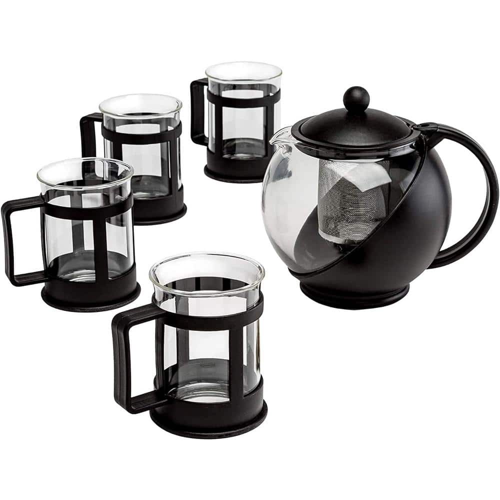 4-Cup Black Glass Stainless Steel Half Moon Teapot Set 4 Teacups, Removable