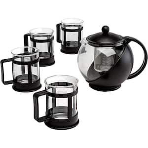 4-cup Black Glass Stainless Steel Half Moon Teapot Set with 4 Tea Cups, Removable Filter & Infuser