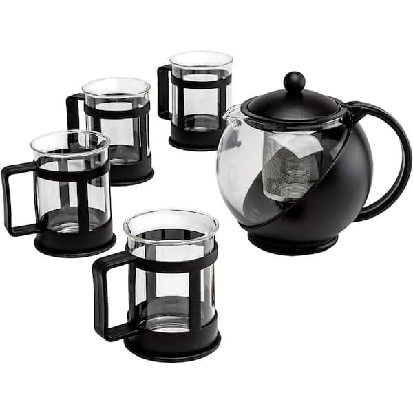 4-Cup Black Glass Stainless Steel Half Moon Teapot Set 4 Teacups, Removable Filter Infuser