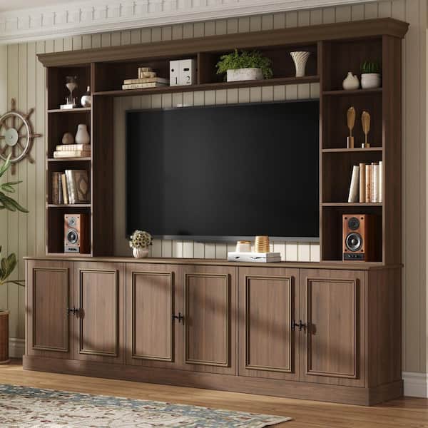 Modern Walnut Large Wall Unit Entertainment Center Color TV Stand Fits TVs up to 70 in. with Bridge, Bookshelves