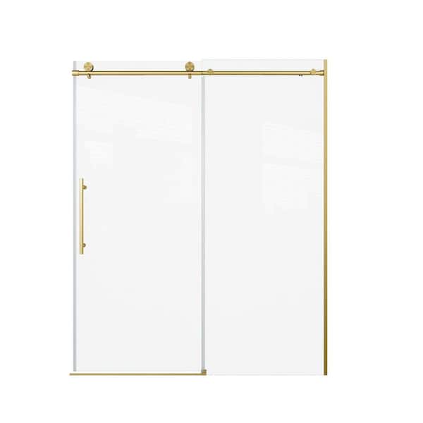 56-60 in. W x 74 in. H Sliding Semi-Frameless Soft Close Shower Door in Brushed Gold Finish with 5/16 in. Tempered Glass