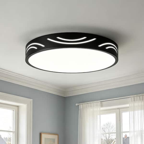 OUKANING 12.59 in. 1-Light Modern Minimalist Round Black Flush