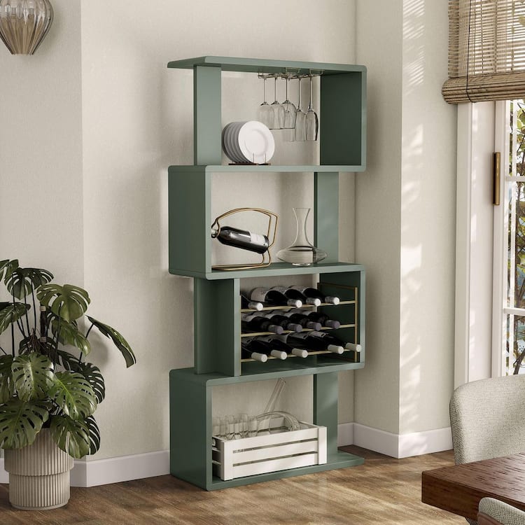 Furniture of America Ena 66.3 in. 18-Bottle Sage Green and Brass Wine Rack with Stemware Holders and Removable Rack