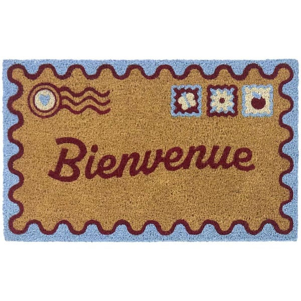 Bienvenue Postage Red/Blue 18 in. x 30 in. Coir Indoor/Outdoor Door Mat