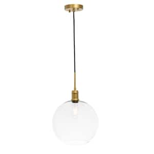 Timeless Home Eduardo 1-Light Pendant in Brass with 12.5 in. W x 11.5 in. H Clear Glass Shade Glass