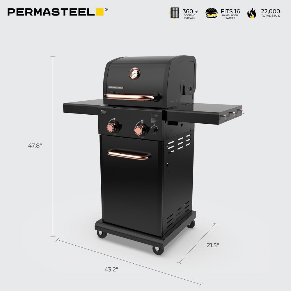 Compact Black and Copper 2-Burner Propane Gas Grill with Foldable Side Tables