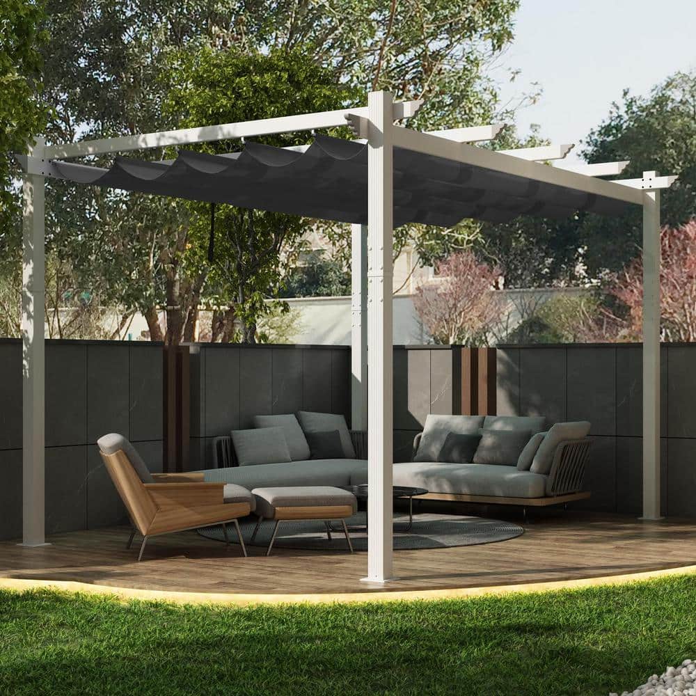 PURPLE LEAF 10 ft. W x 12 ft. D Modern White Aluminum Pergola with Gray ...
