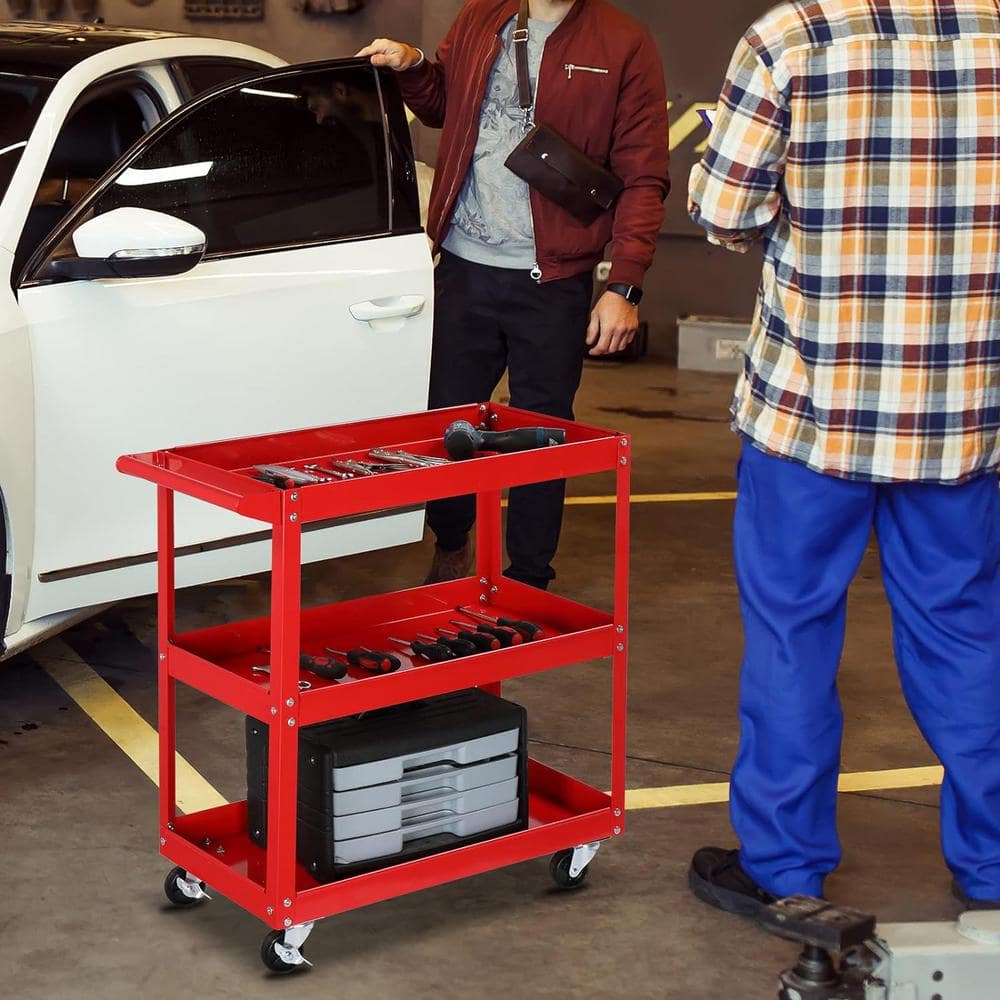Red Heavy Duty 3-Tier Metal Utility Cart with Wheels