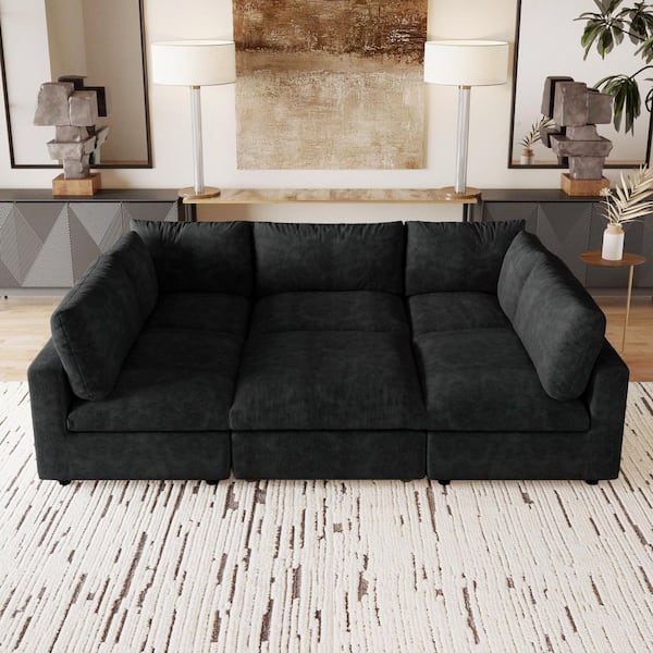101 in. Modular Black Plush Chenille Full Size 5-Seat Convertible Sleeper Sofa Bed with Ottoman and Washable Covers