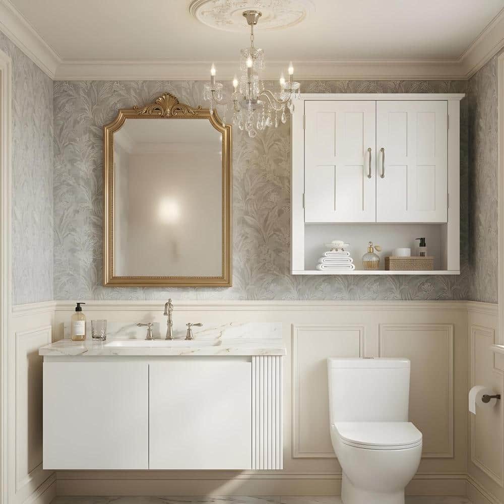 "23.62"" W x 7.68"" D x 22.63"" H MDF Bathroom Wall Cabinet with Doors and Shelves in White" price history on PriceWatchPro