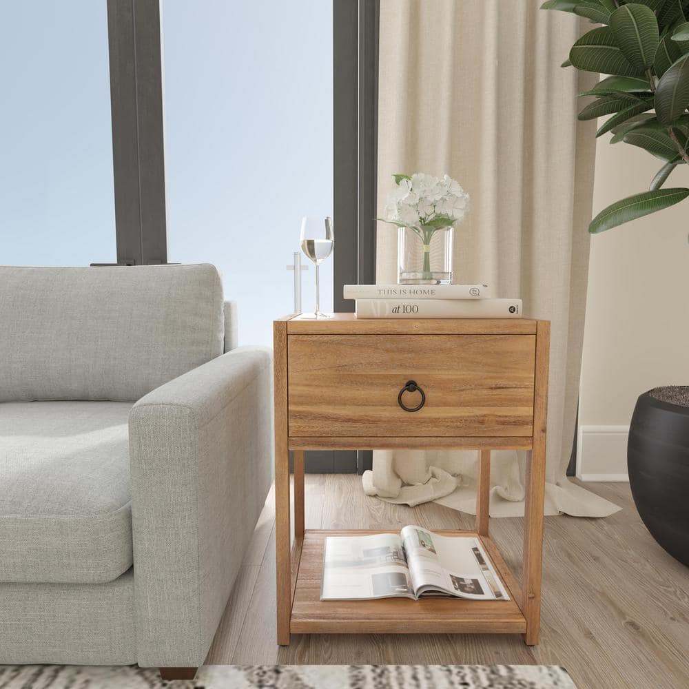 Transitional Modern Natural Wood and Black Metal End Table with Storage