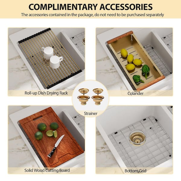 Logmey 33 in. White Drop-in 60/40 Low Divide Double Bowl Quartz