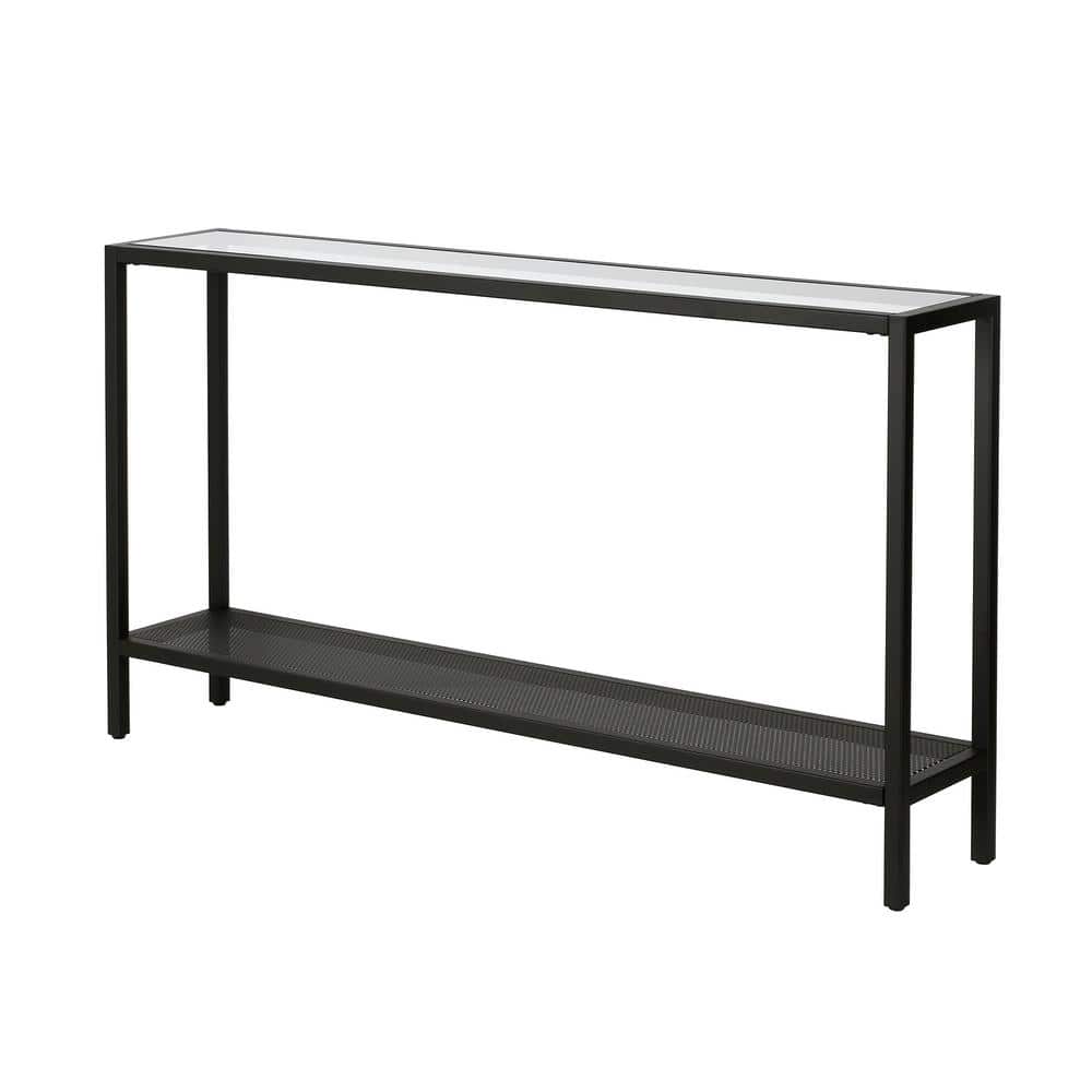 Rigan 55" Blackened Bronze Metal Console Table with Glass Shelves