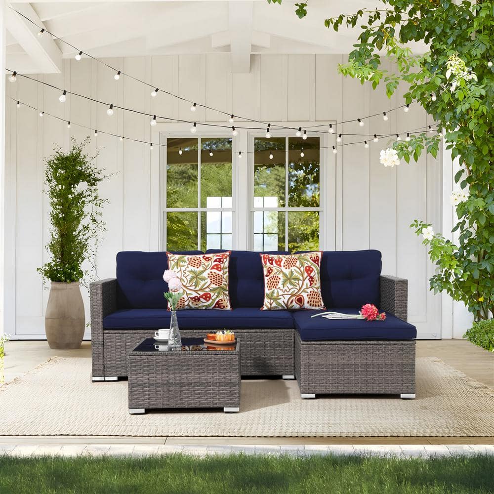 Freestyle Joivi Grey 3-Piece Wicker Outdoor Sectional Set with Navy Blue Cushions HD-KS-JOV13 - The Home Depot