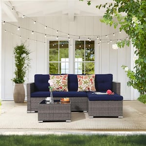 Joivi Grey 3-Piece Wicker Outdoor Sectional Set with Navy Blue Cushions