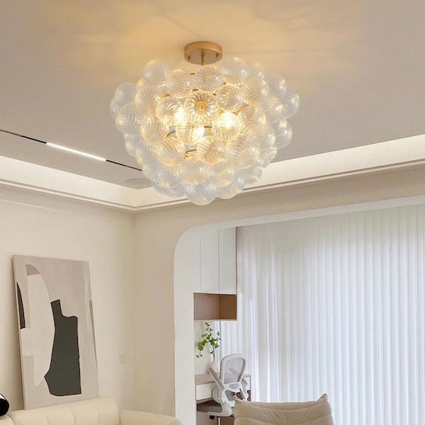 24 in. 3-Light Gold Chandelier with Orb Cluster Bubble Ribbed Glass Chandelier for Living Room