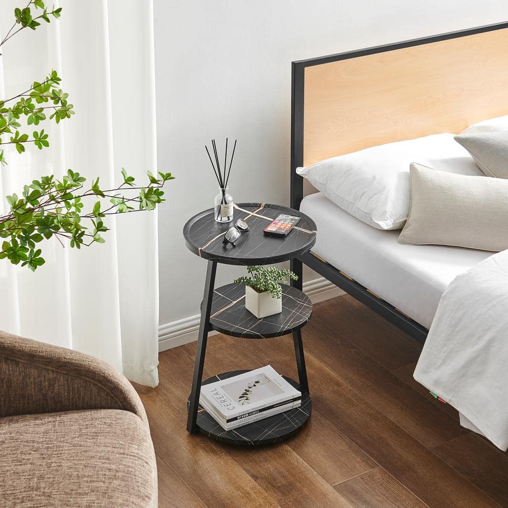 Skylar White Marble and Black Metal 3-Tier Round Accent Table