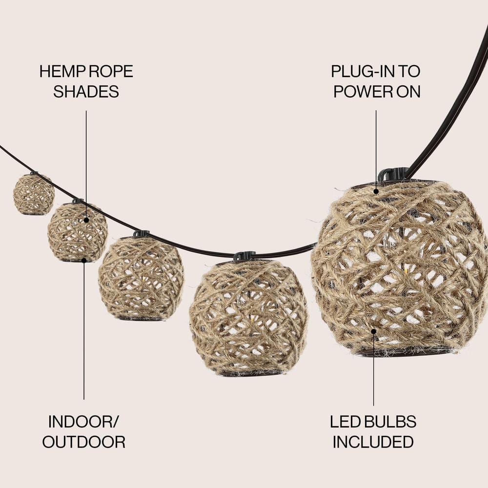 Oahu 10-Light Light Brown Hemp Rope LED Outdoor String Lights